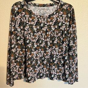 Sonoma Women’s XL Navy w/Floral Print Long Sleeve Smocked Top w/ Peplum Hem